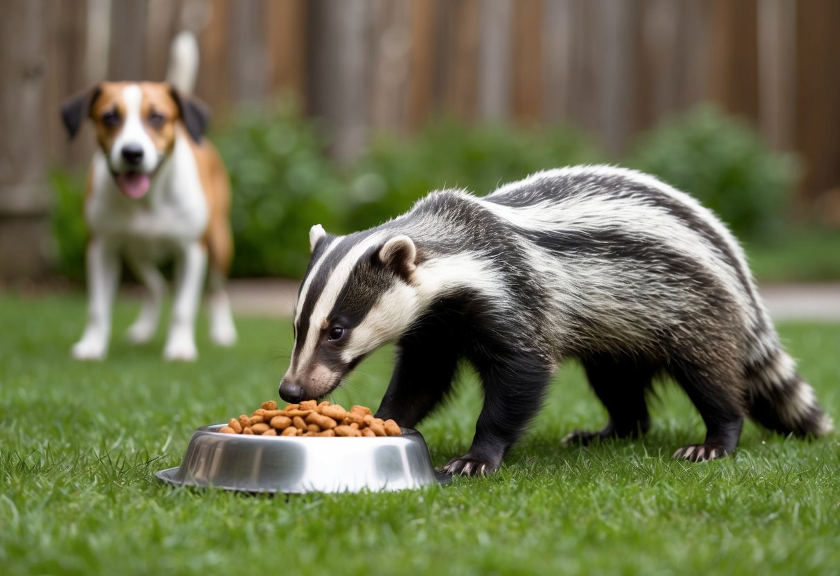 A badger sniffs at a bowl of dog food left out in a backyard, while a curious dog watches from a distance