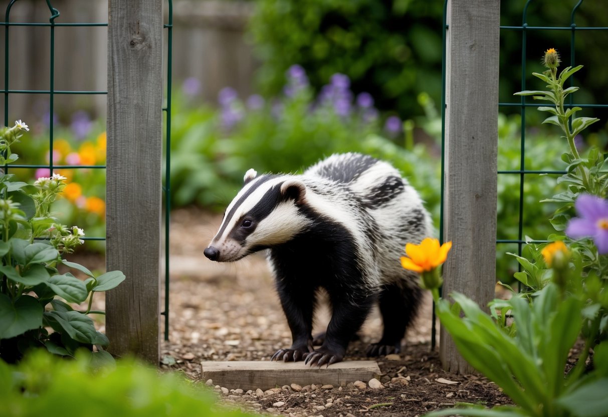 A badger stands at the base of a tall garden fence, examining it closely with a curious expression. Surrounding plants and flowers indicate a well-tended garden