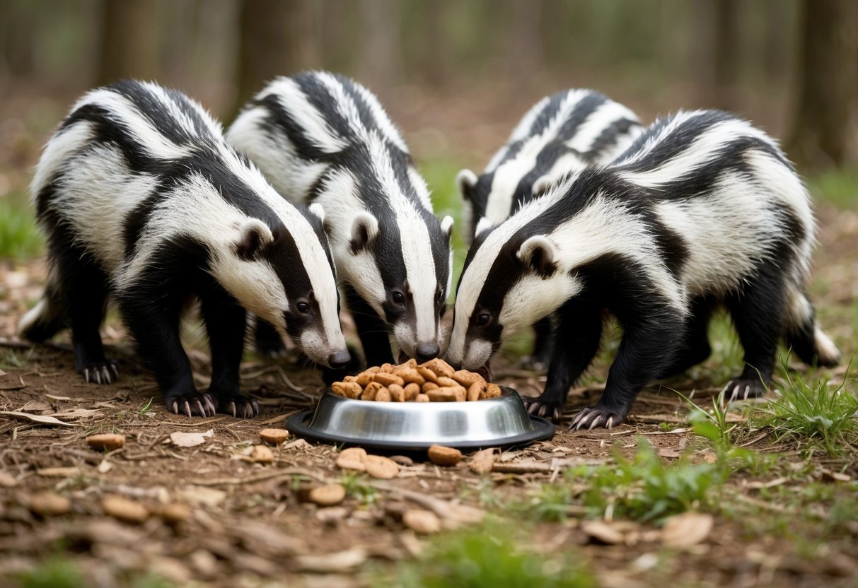 A group of badgers cautiously approach a bowl of dog food in a wooded clearing, sniffing and tentatively nibbling at the kibble