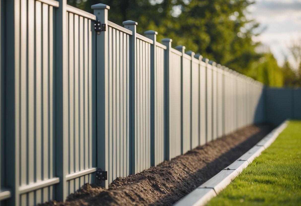 A sturdy garden fence with angled metal panels and a trench barrier