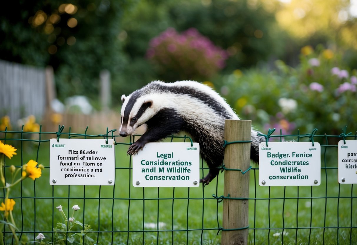 A garden fence with a badger attempting to climb over, surrounded by signs indicating legal considerations and wildlife conservation