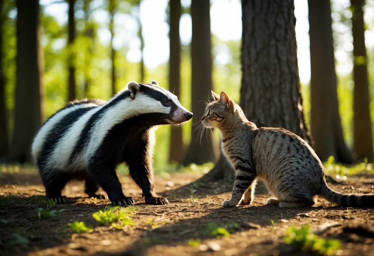 A badger and a cat face off in a forest clearing, surrounded by tall trees and dappled sunlight. The badger's sturdy build contrasts with the cat's agile stance