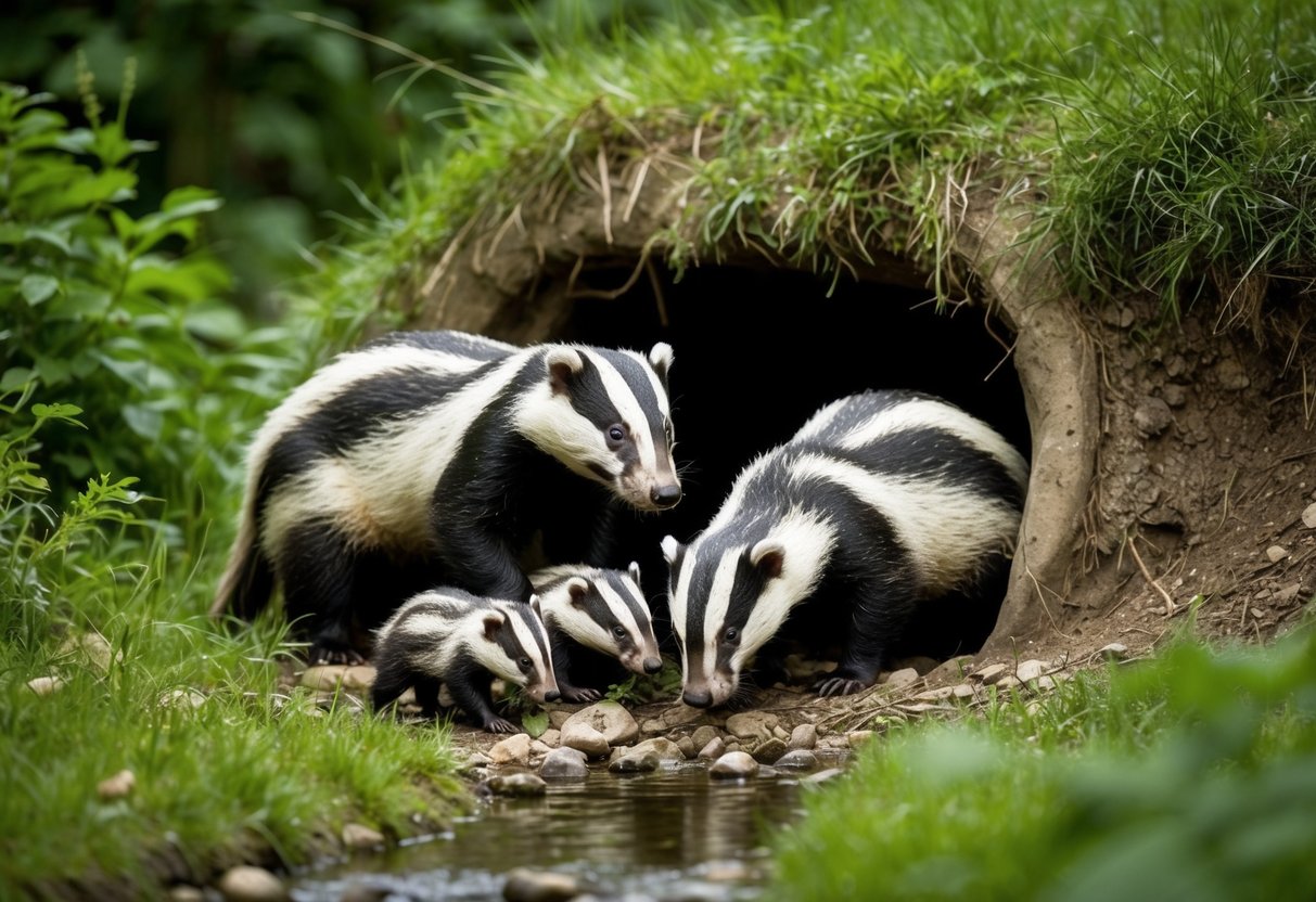 A badger family emerges from their burrow, surrounded by lush greenery and a small stream. The adult badgers forage for food while the young ones play nearby