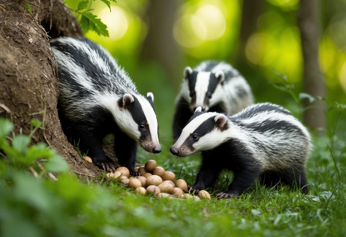 A badger family emerges from their burrow, foraging for food in a lush, forested setting