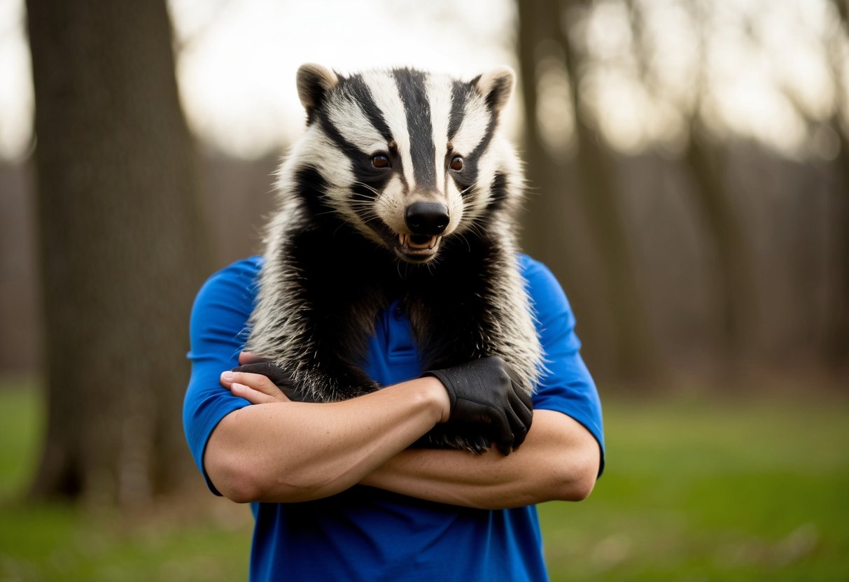 A person standing with arms crossed, facing a snarling badger, showing confidence and assertiveness