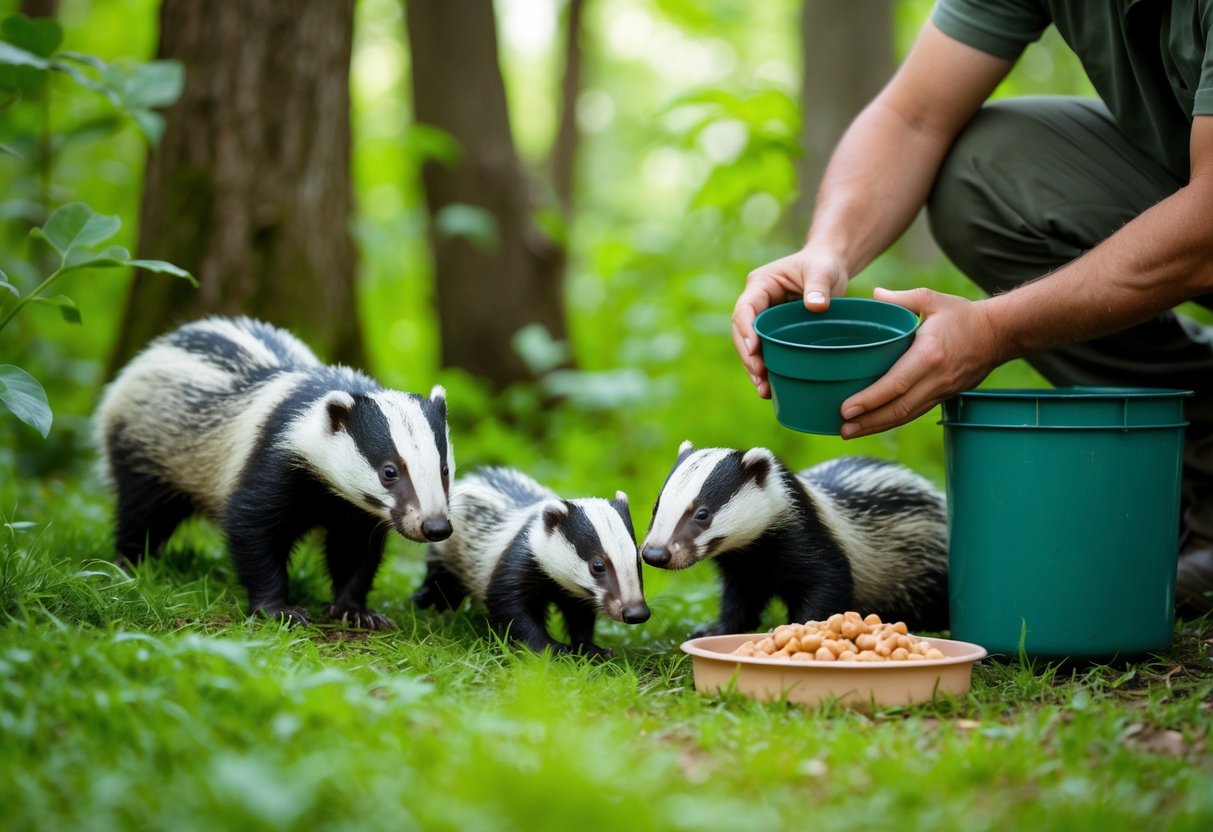 A badger family emerges from a lush forest, as a person fills a nearby feeding station with fresh water and sets out food
