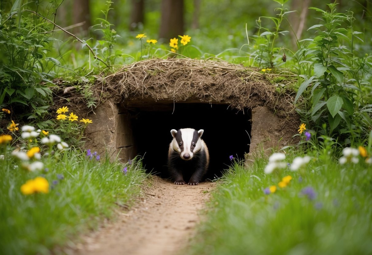 A lush woodland with a burrow entrance surrounded by wildflowers and a clear path for badgers to roam freely