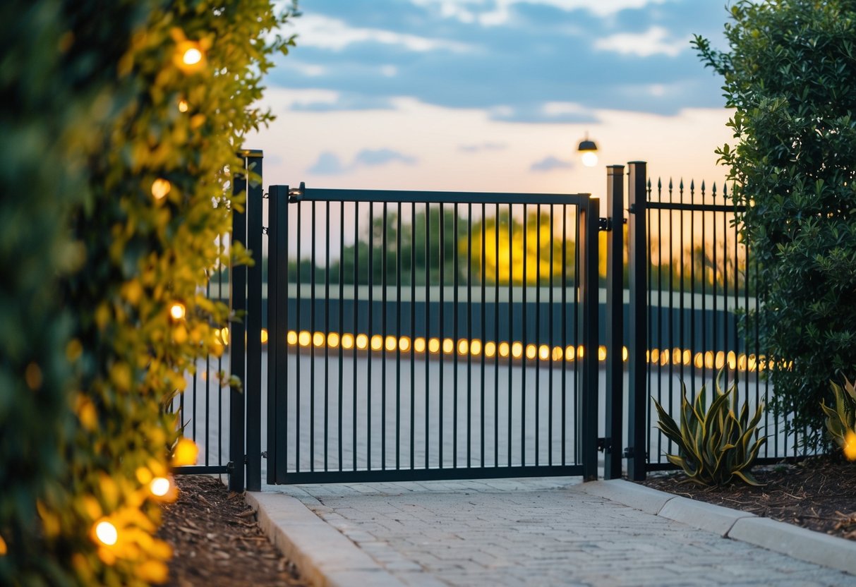 A sturdy fence with a secure gate, surrounded by bright lights and strong-smelling plants