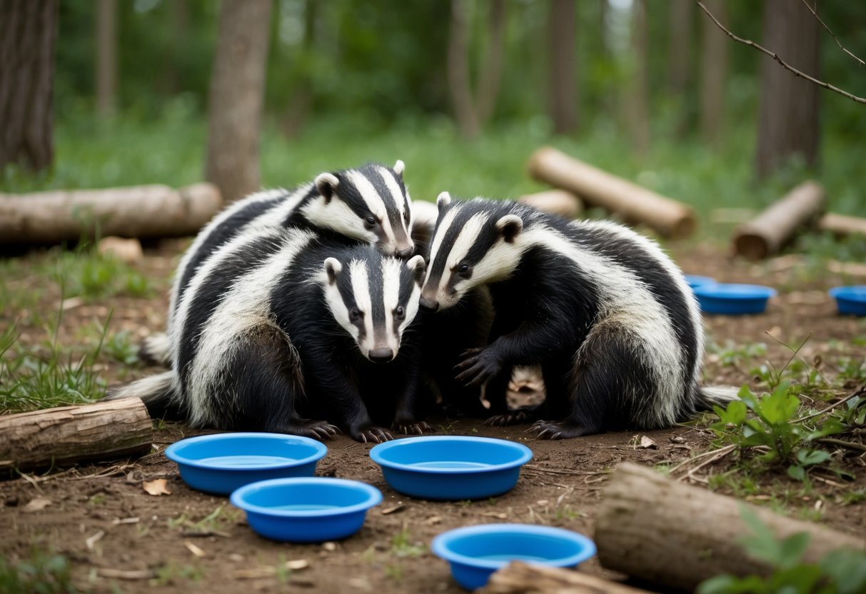 A group of badgers huddle together in a forest clearing, looking distressed. Surrounding them are scattered food and water bowls, as well as shelter options like logs and bushes