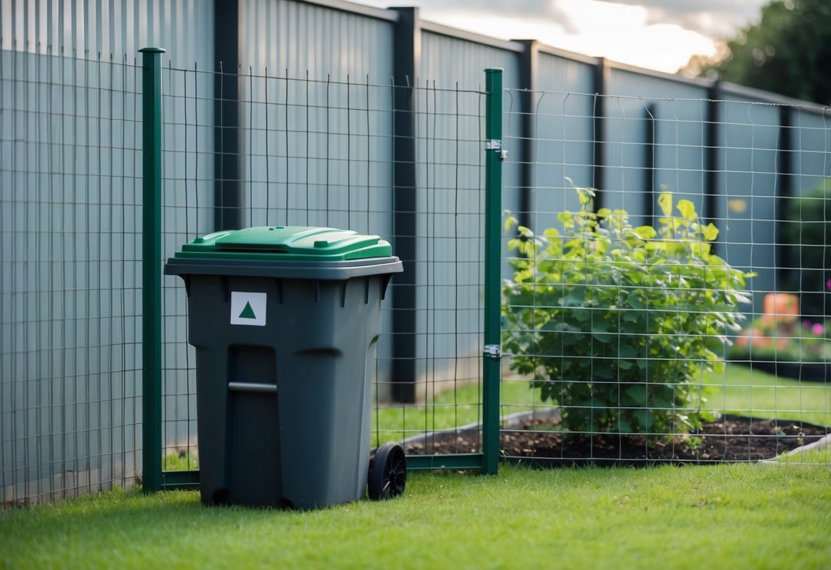 A sturdy fence surrounds a garbage can with a secure lid. Nearby, a garden is protected by a wire mesh barrier