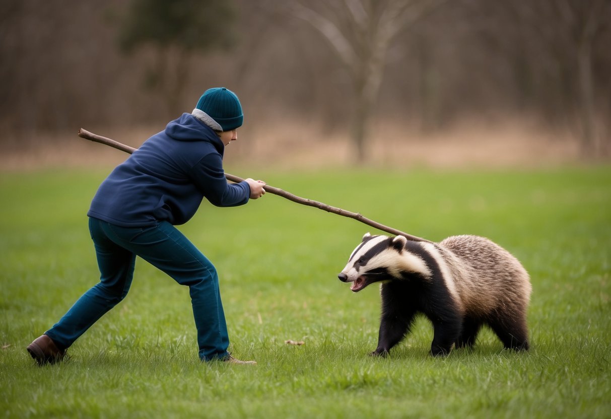 A person uses a long stick to create a barrier between themselves and the aggressive badger