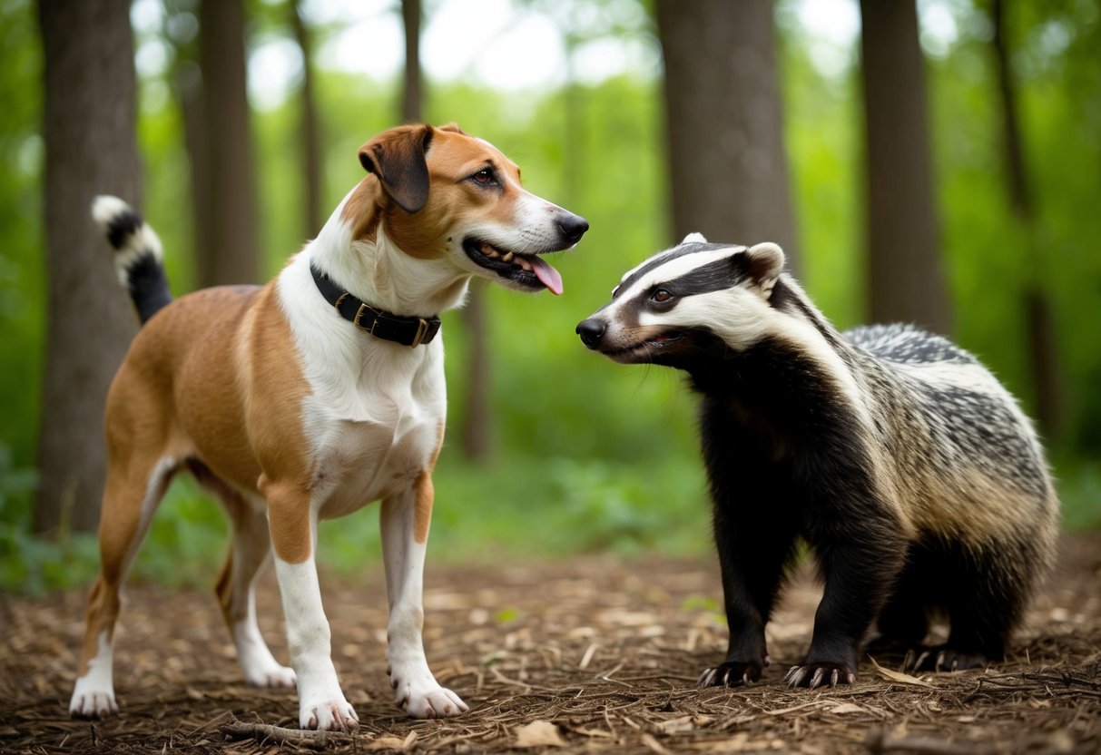 A dog and a badger stand facing each other in a wooded area, with the dog appearing curious and the badger looking wary