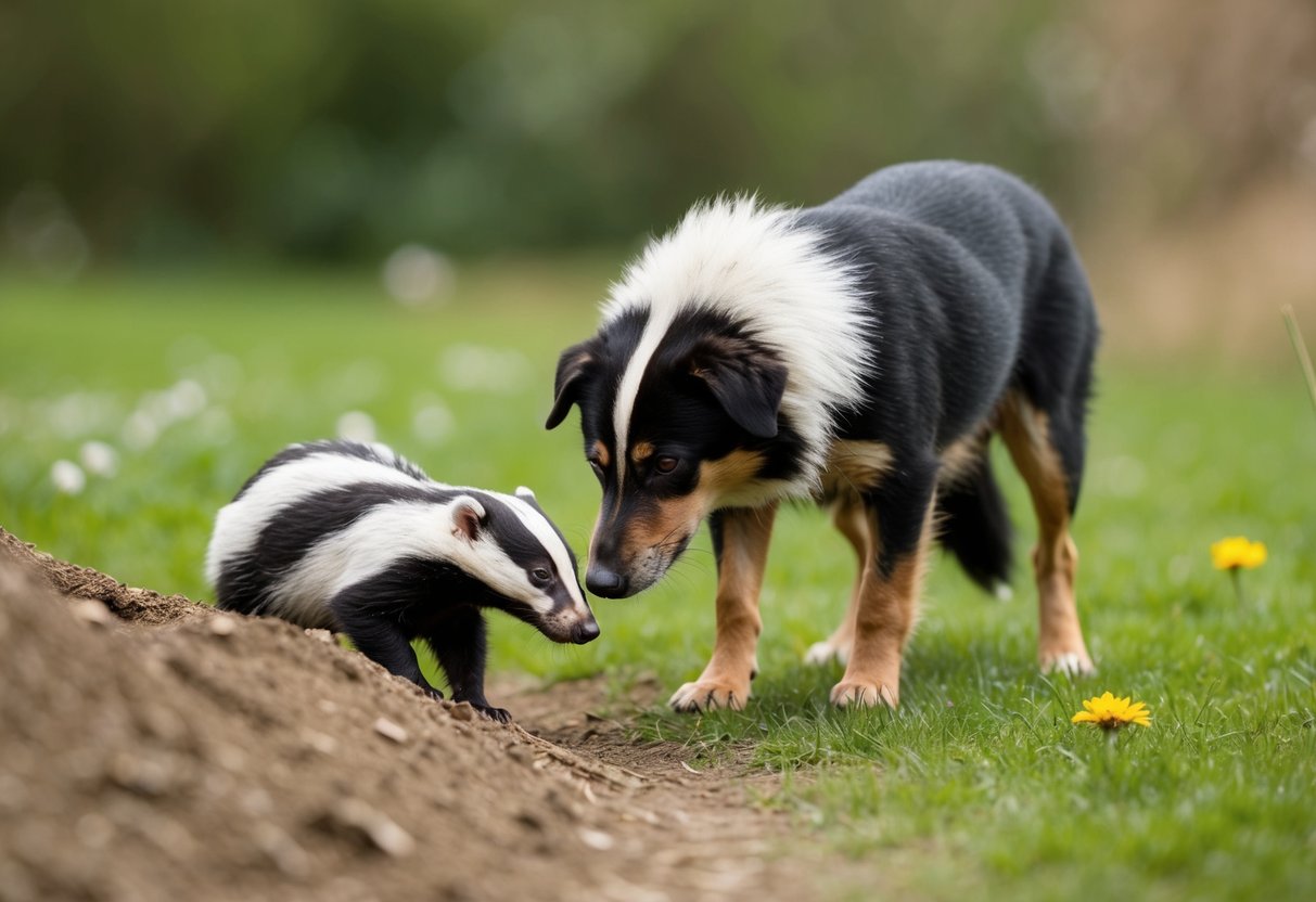 A dog sniffs at a badger's burrow, while the badger watches from a distance