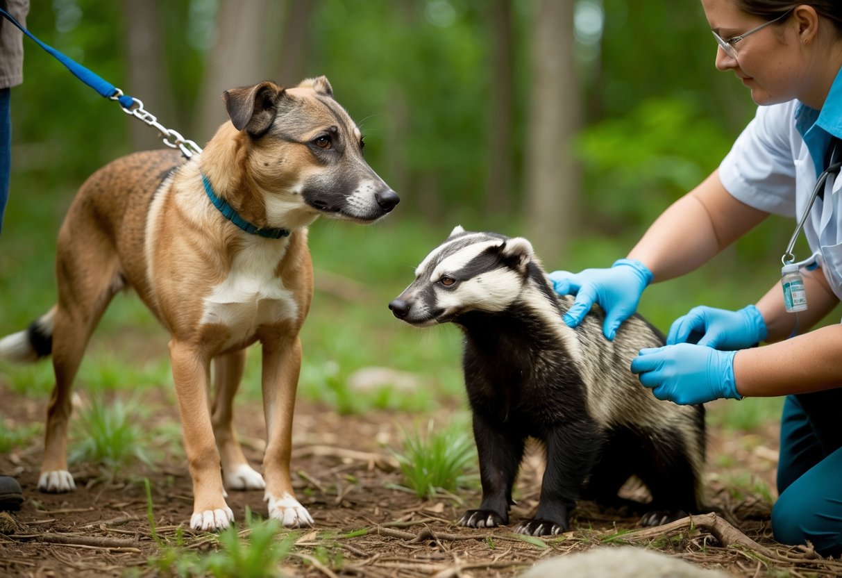 A dog and a badger stand in a forest clearing, looking at each other cautiously. The dog's owner holds a leash, while a veterinarian administers a TB vaccine to the badger