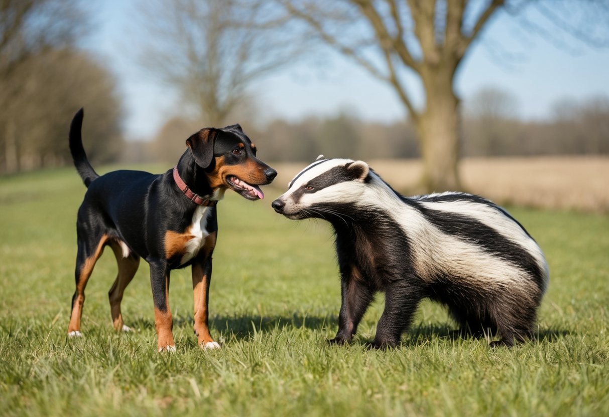 A dog and a badger stand face to face, representing the question of whether dogs can catch TB from badgers. The setting is a rural area with grass, trees, and a clear sky