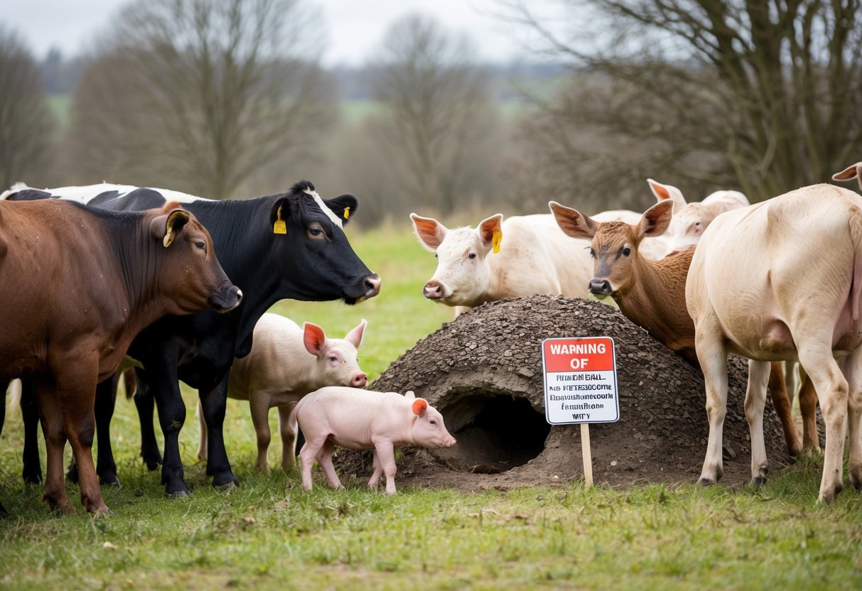 A group of animals, including cows, pigs, and deer, gather near a badger burrow, with a sign warning of the risk of tuberculosis transmission