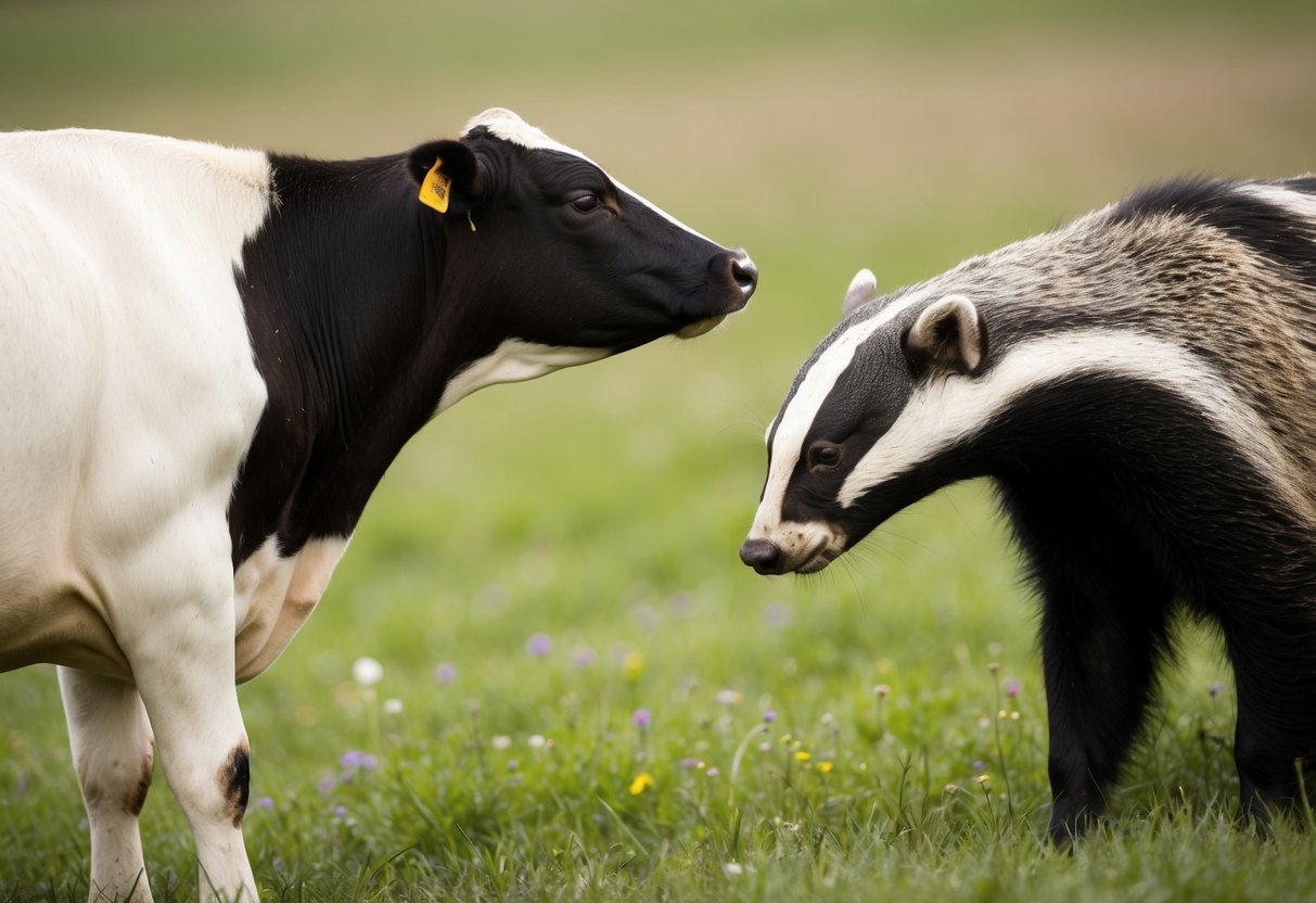A cow and a badger face off in a field, representing the potential transmission of tuberculosis from badgers to cattle