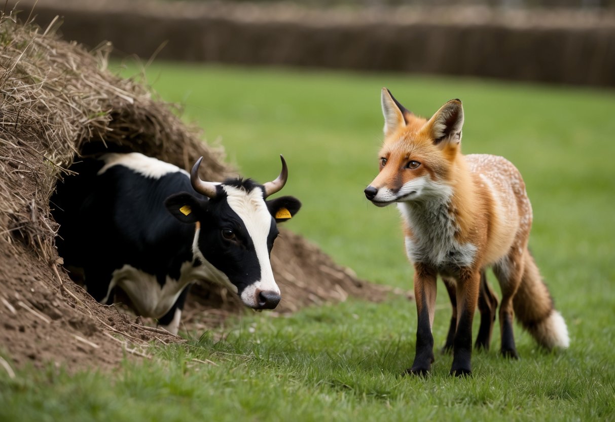 A fox and a cow near a badger burrow