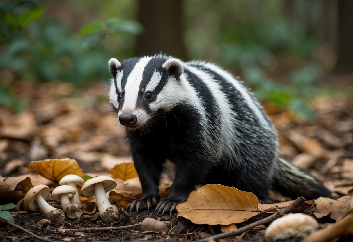 A badger sits in a forest clearing, surrounded by fallen leaves and mushrooms. Its fur is dark and thick, and it looks alert, with its sharp claws and powerful build