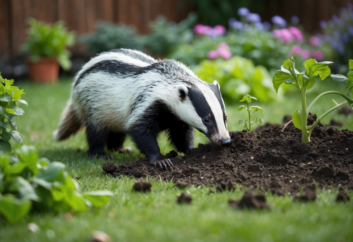 A badger digging up a garden, surrounded by overturned plants and scattered soil