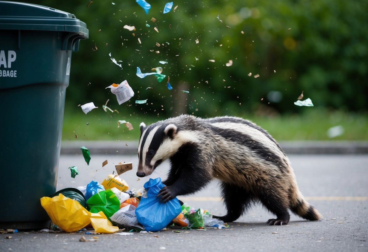 A badger rummaging through a garbage can, scattering trash everywhere