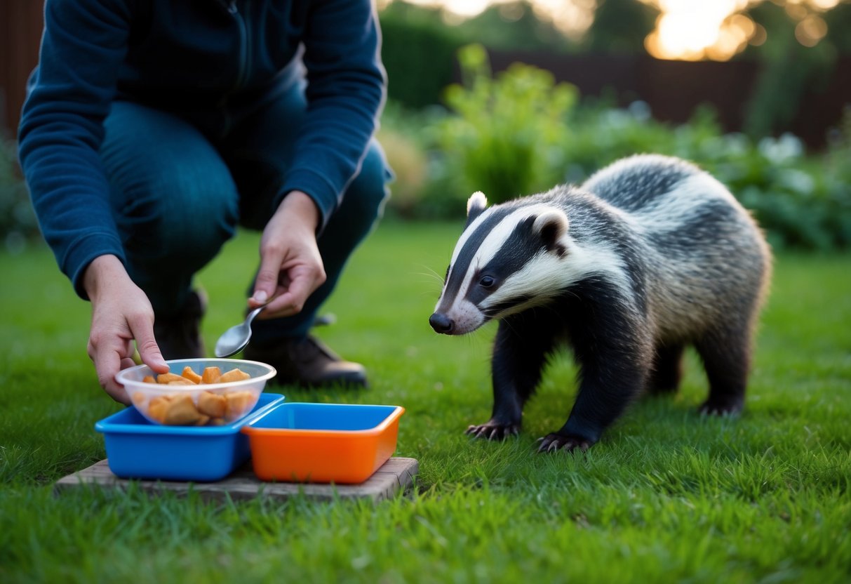 A person leaving out food and water for a badger in their garden at dusk