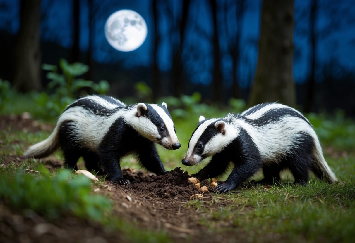 Badgers foraging in the moonlit forest, snuffling and digging for food under the cover of night