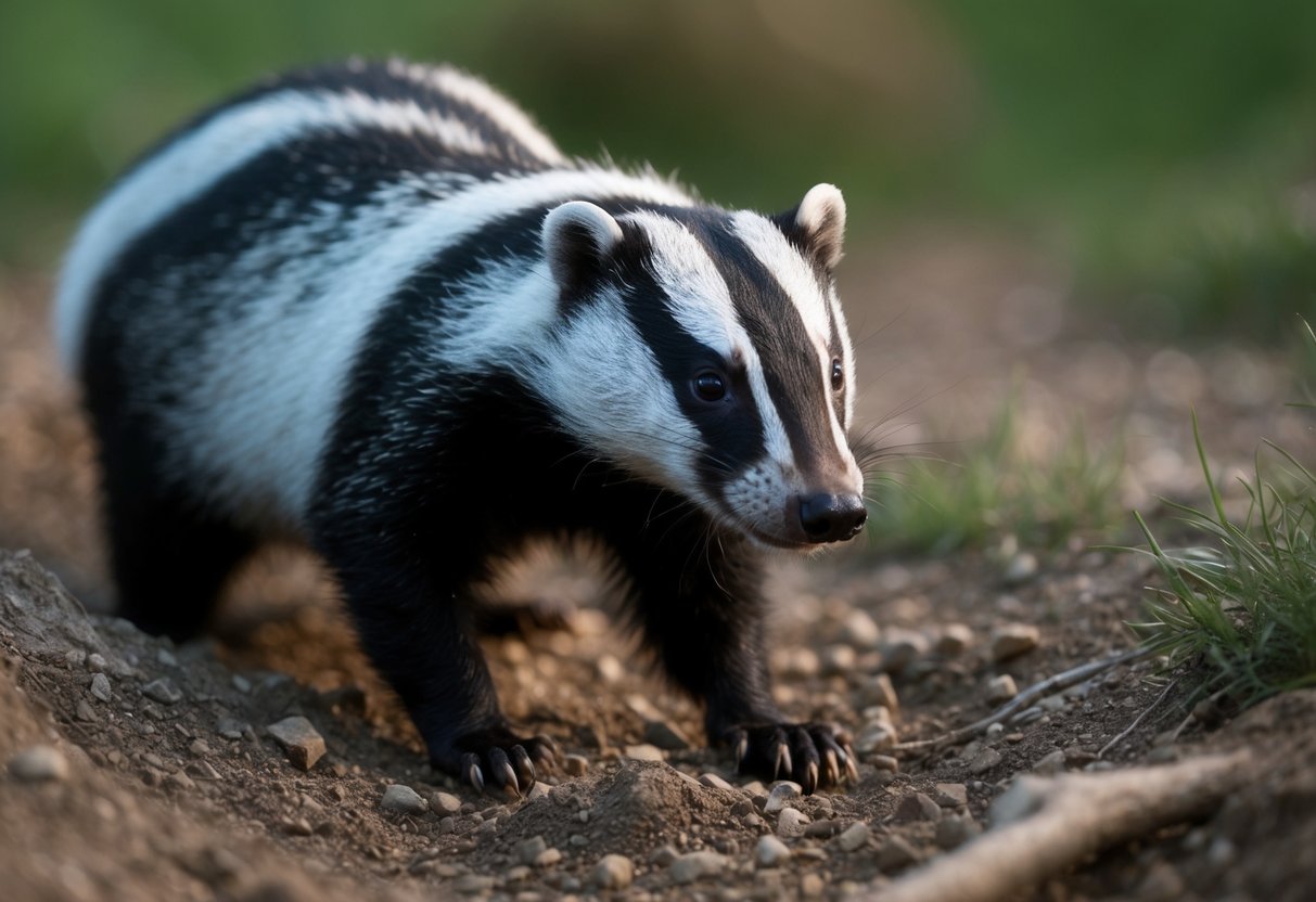 A badger emerges from its burrow at dusk, snout twitching as it forages for food in the dimming light