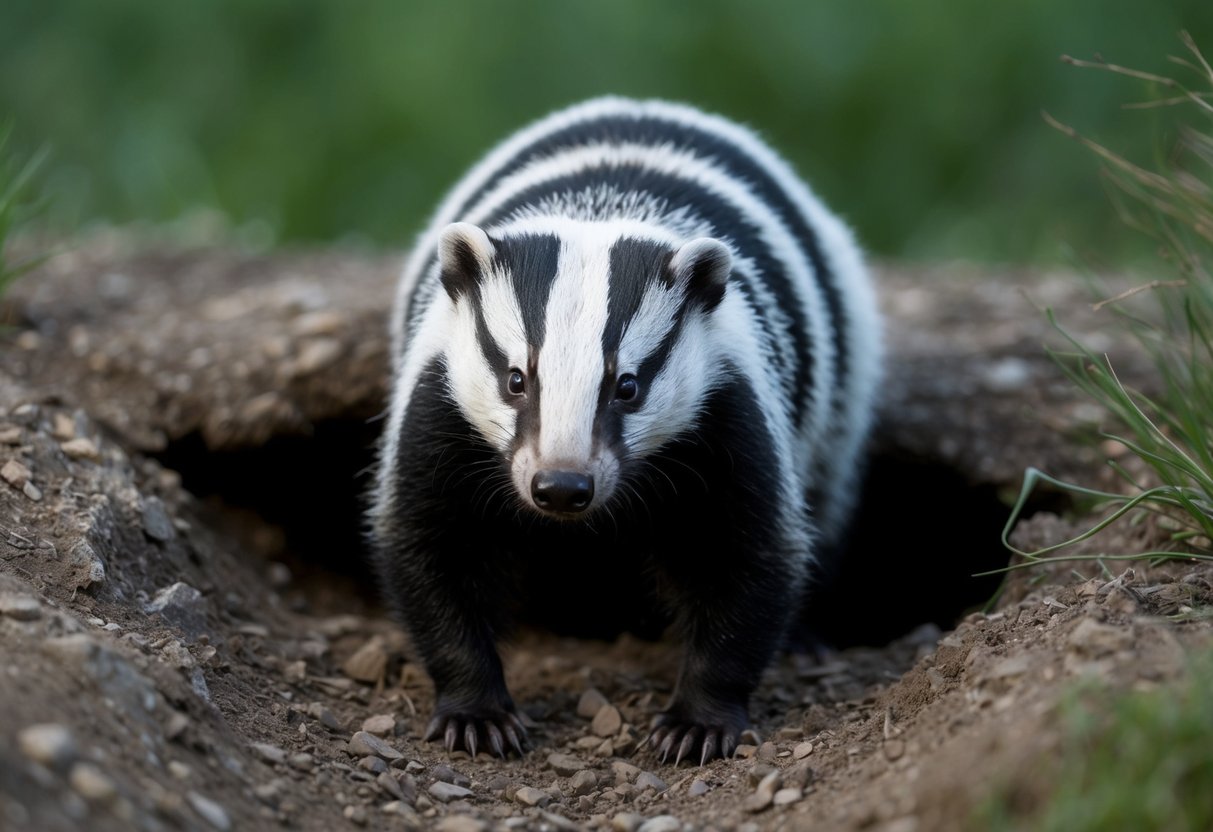 A badger emerges from its burrow at dusk, sniffing the air before beginning its nightly foraging for food