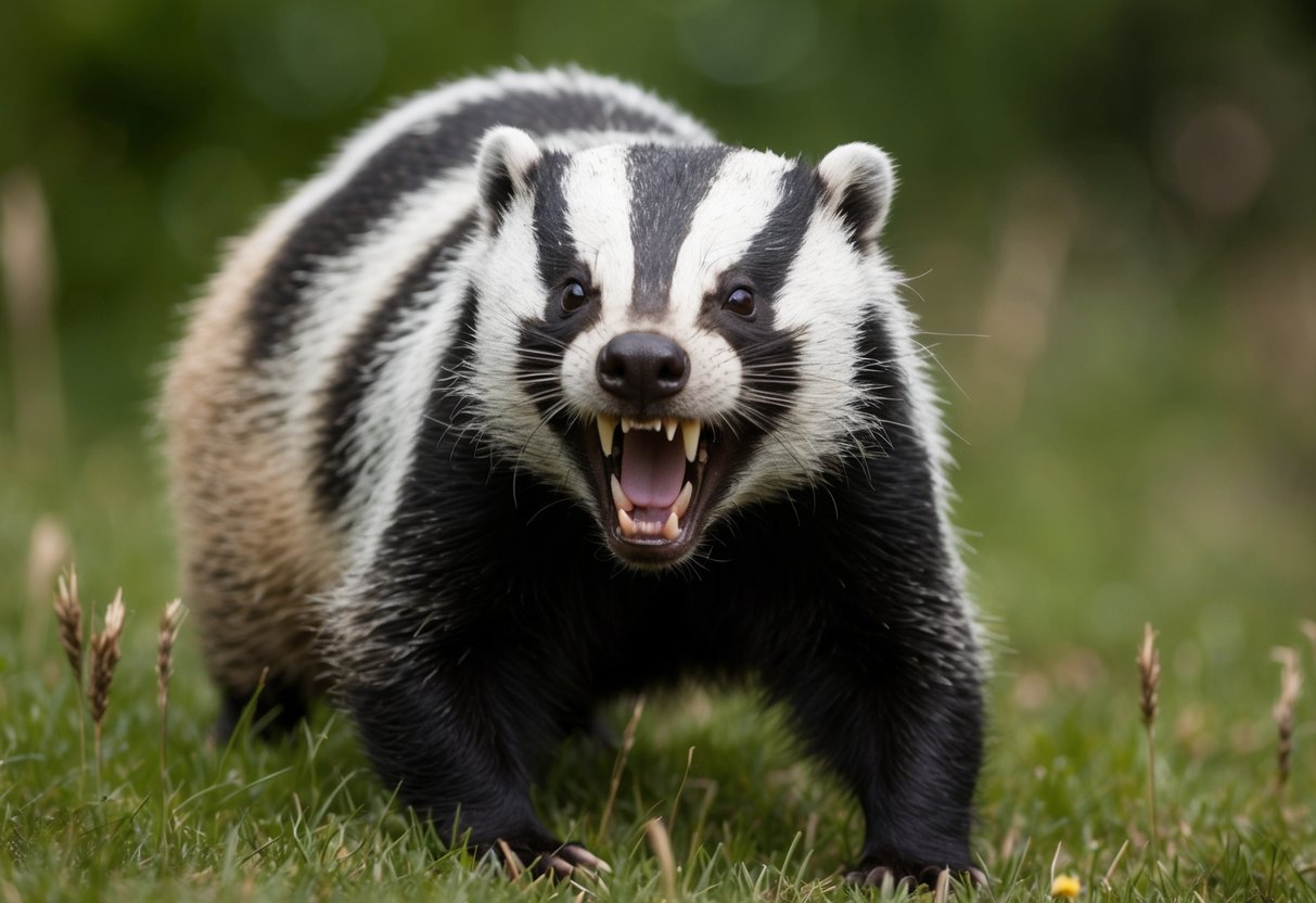 A snarling badger bares its sharp teeth, claws raised aggressively, as it defends its territory