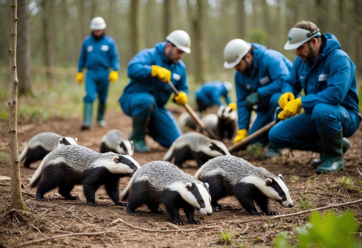 A group of badgers being culled in a forest clearing by a team of workers in protective gear