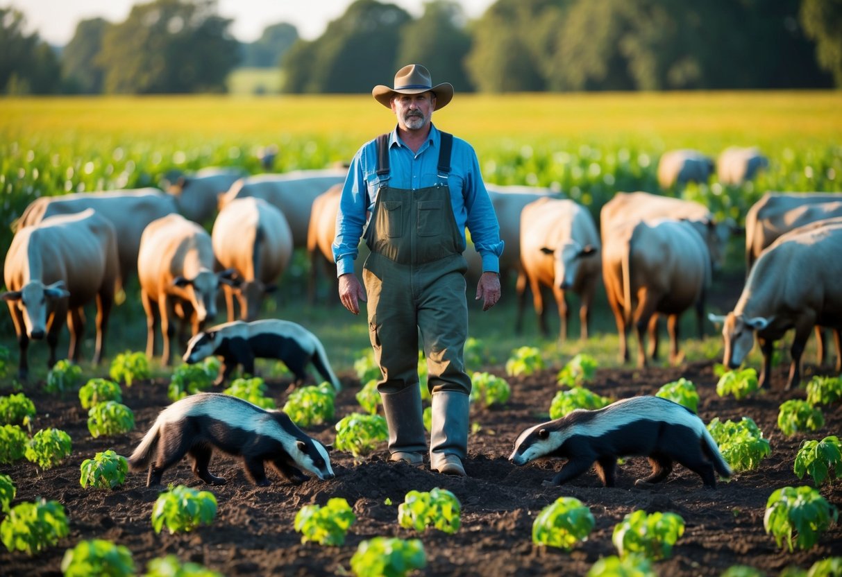 A farmer stands in a field of wilted crops, surrounded by sickly livestock. A group of badgers digs through the soil, spreading disease