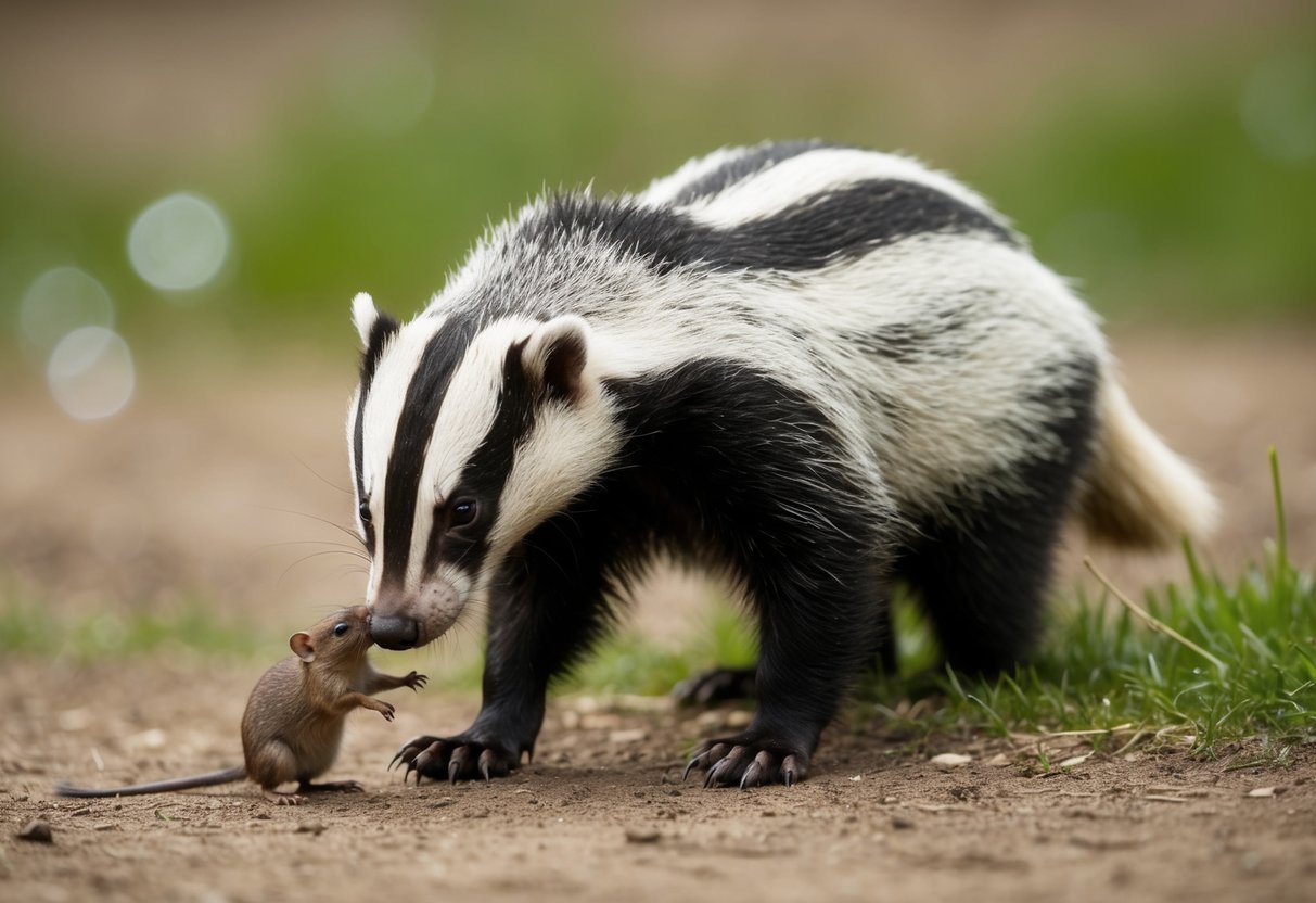 A badger sniffs the ground, then pounces on a small rodent