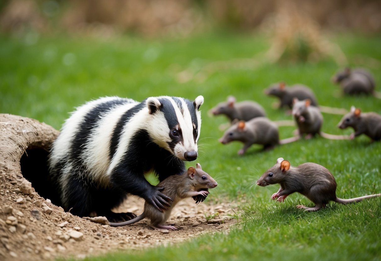 A badger snatches a mouse from a burrow while a group of rats scurry away