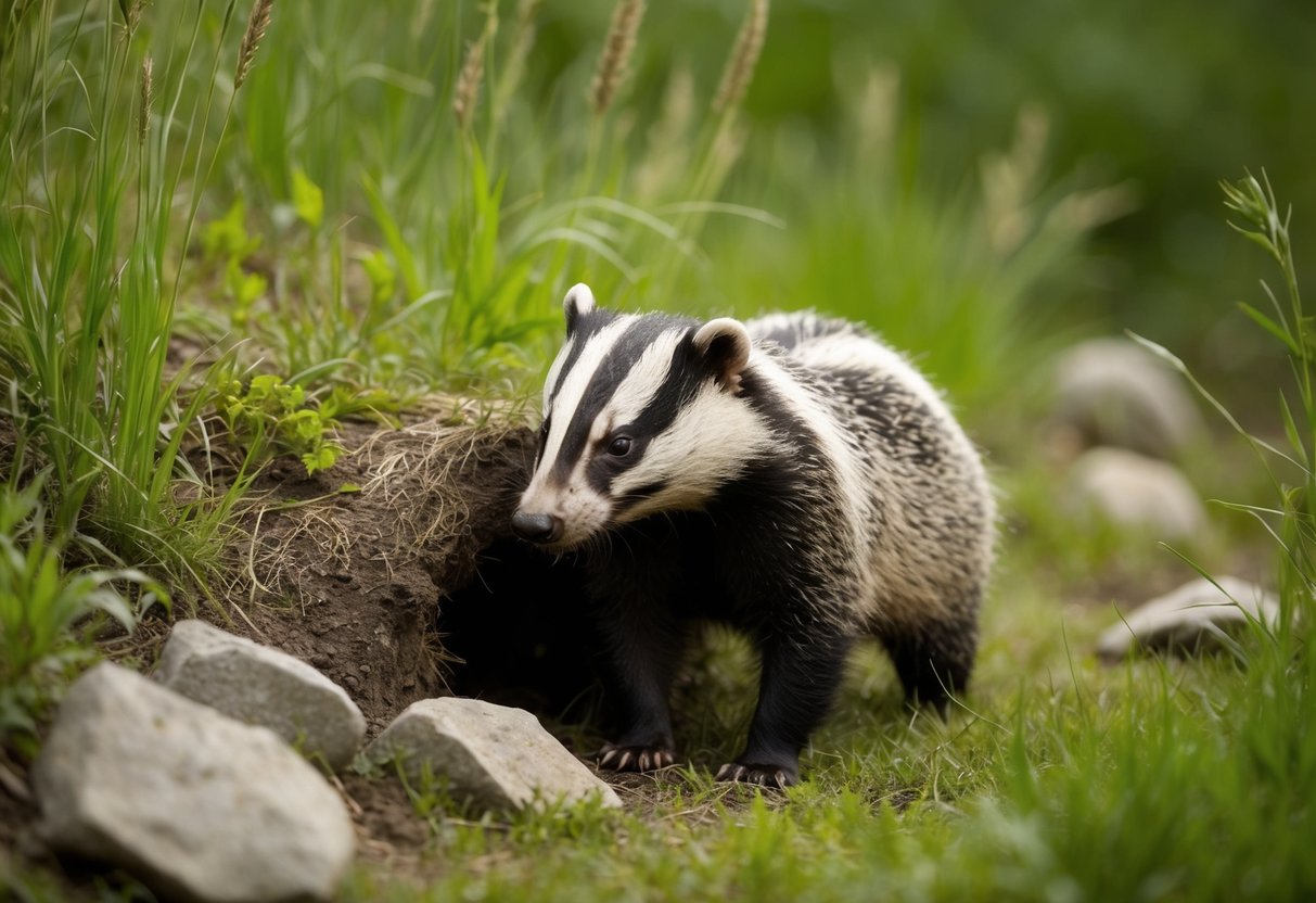 A badger emerges from its burrow in a lush forest, surrounded by tall grass and scattered rocks. It sniffs the air, searching for its next meal