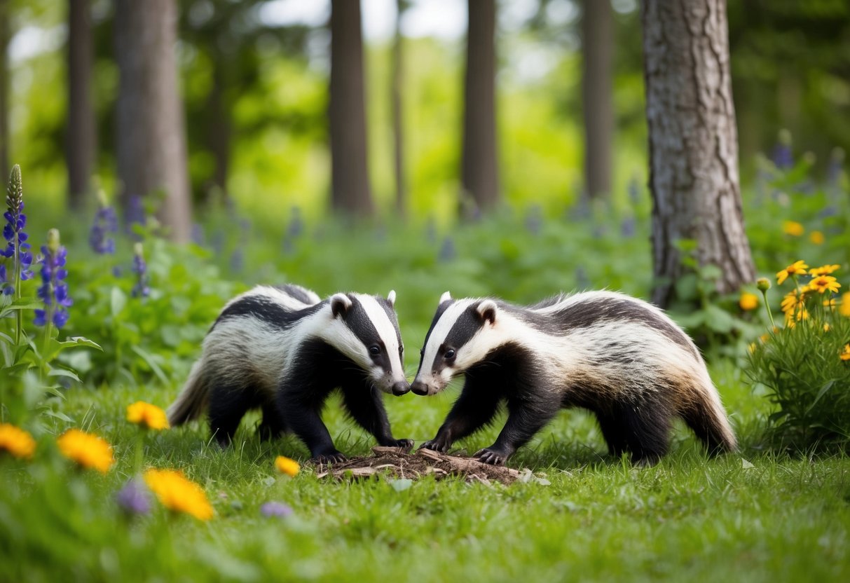 A family of badgers foraging for food in a lush forest clearing surrounded by vibrant wildflowers and tall trees
