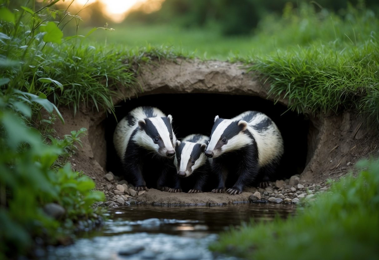 A badger family emerges from their underground sett at dusk, surrounded by lush greenery and a burbling stream