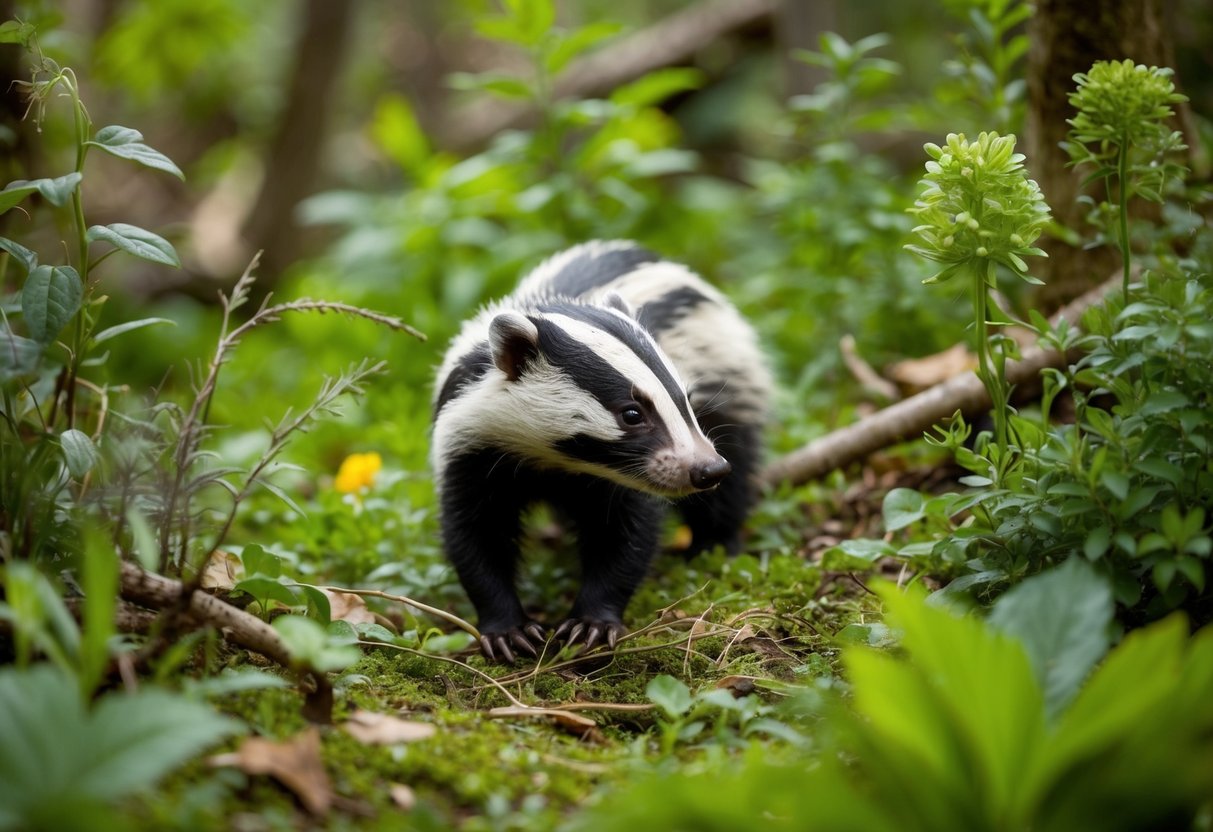 A badger foraging for food in a lush, diverse woodland, surrounded by various plants and animals