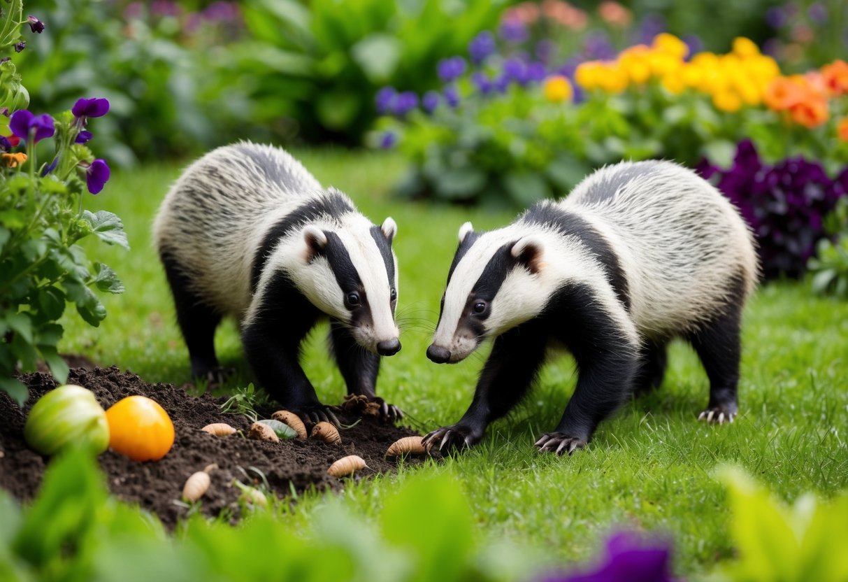 Badgers foraging in a lush garden, digging for grubs and insects while surrounded by colorful flowers and vegetables