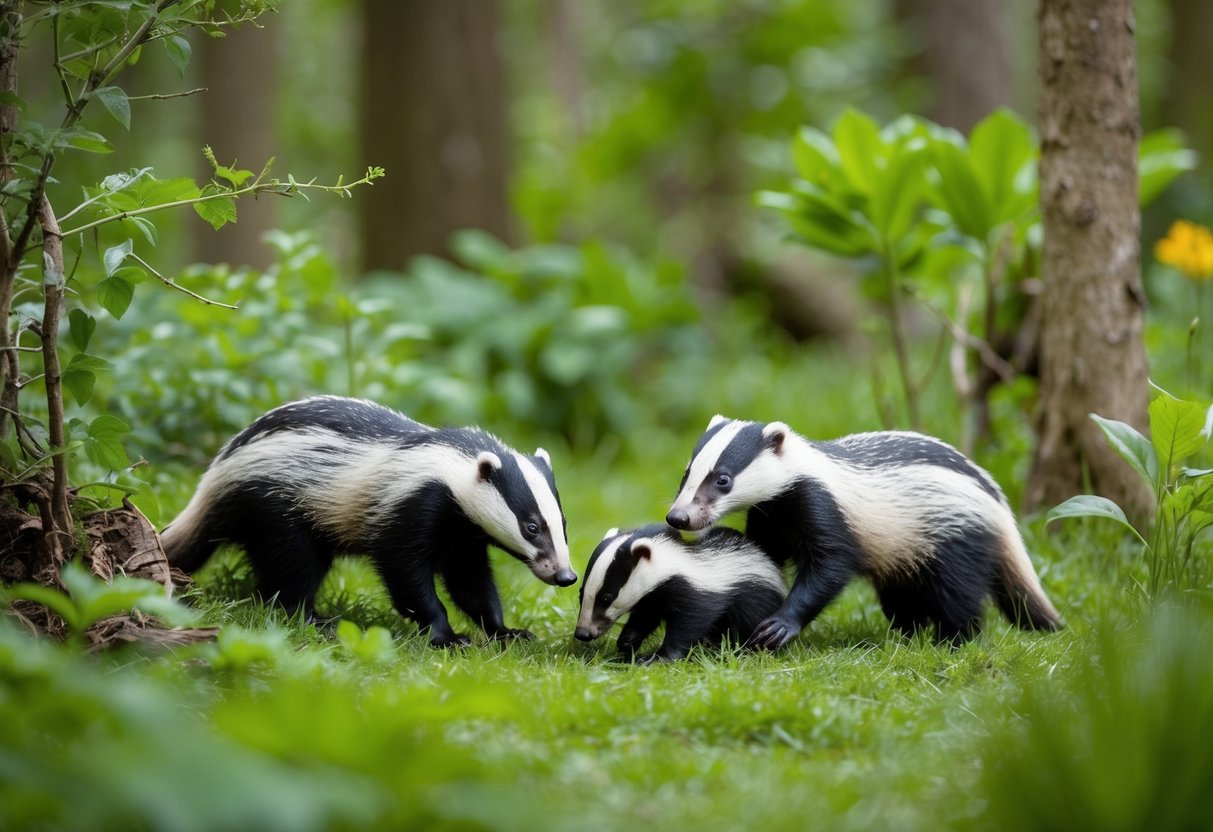 A family of badgers foraging in a lush, protected woodland, surrounded by diverse flora and fauna