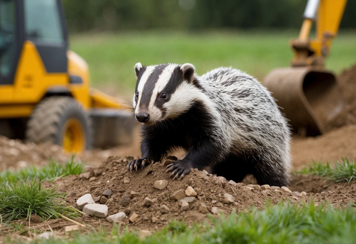 A badger sett being disrupted by heavy machinery and construction equipment