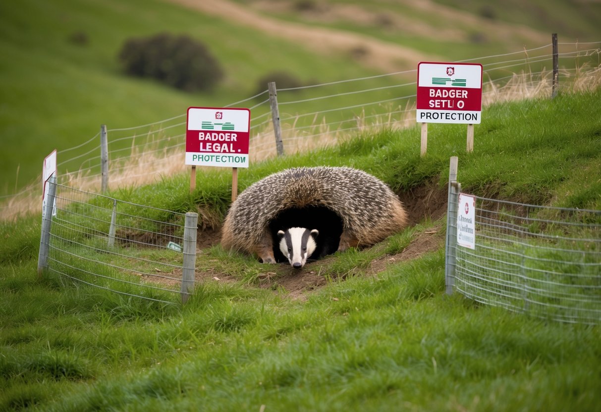 A badger sett nestled in a grassy hill, surrounded by protective fencing and signs indicating legal protection