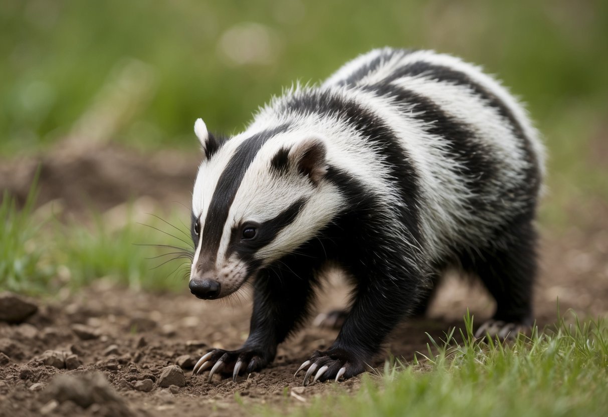 A badger cautiously sniffs the ground, its sharp claws digging into the earth as it searches for food. The creature's fur bristles with alertness, ears twitching at the slightest sound