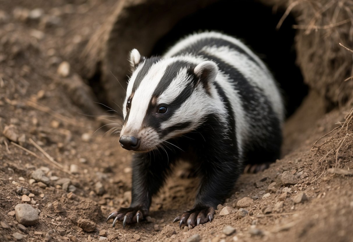 A badger emerges from its burrow, its fur bristling as it sniffs the air, its sharp claws digging into the earth