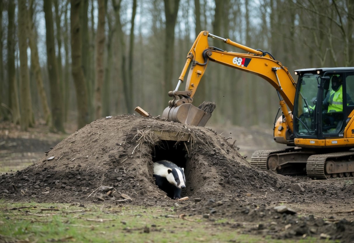 A badger sett is being destroyed by heavy machinery in a wooded area. The ground is being torn up, and the entrance to the sett is being demolished