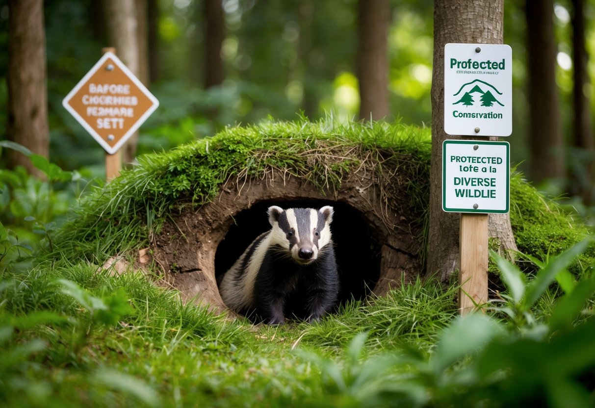 A badger sett nestled in a lush forest, protected by conservation signs and surrounded by diverse wildlife