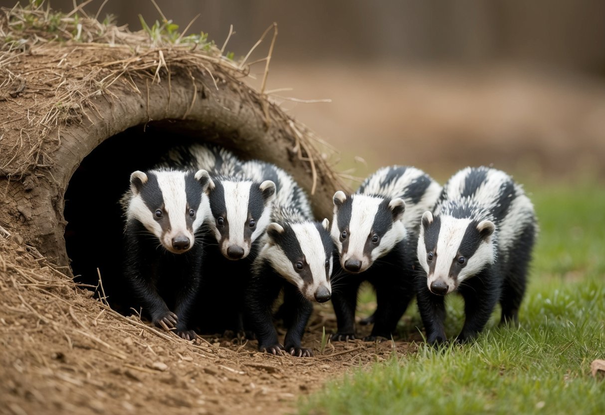 A family of badgers emerges from their burrow, foraging for food in the daylight