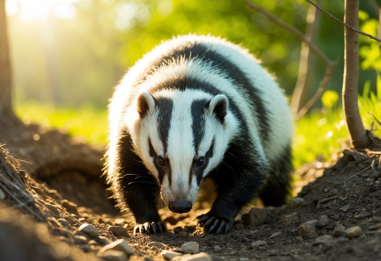A badger emerges from its burrow, foraging in the daylight. Sunlight filters through the trees as the badger sniffs and digs for food