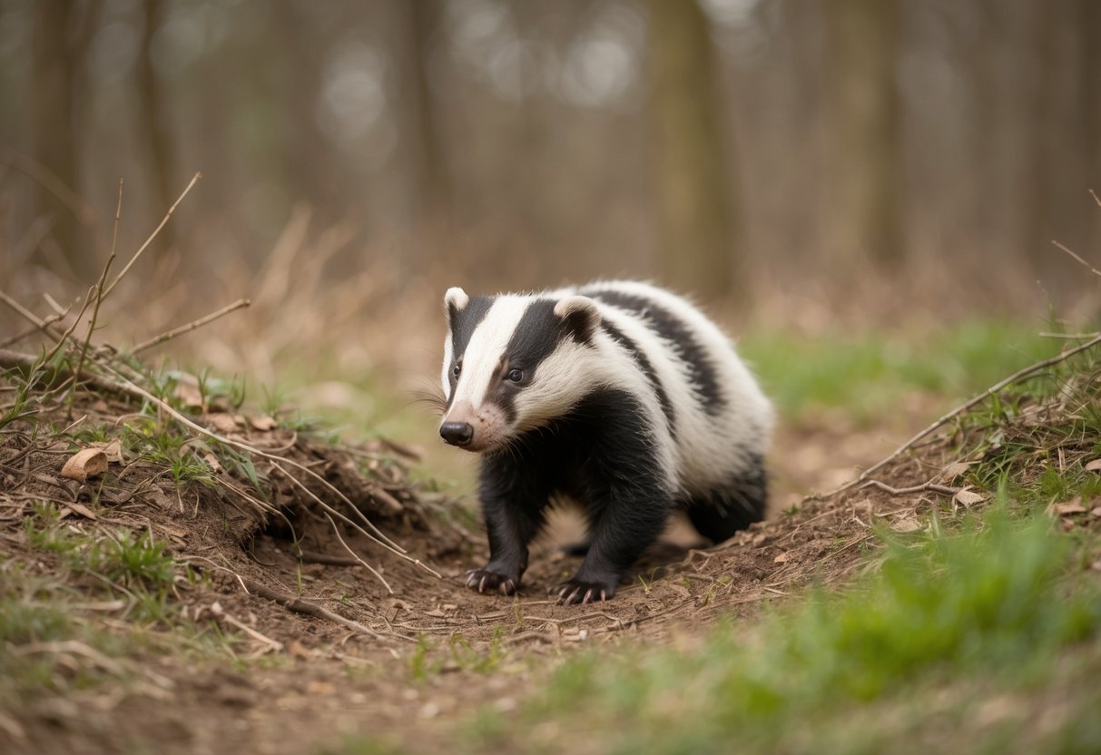 A badger emerges from its sett in a wooded area, foraging for food in the daylight