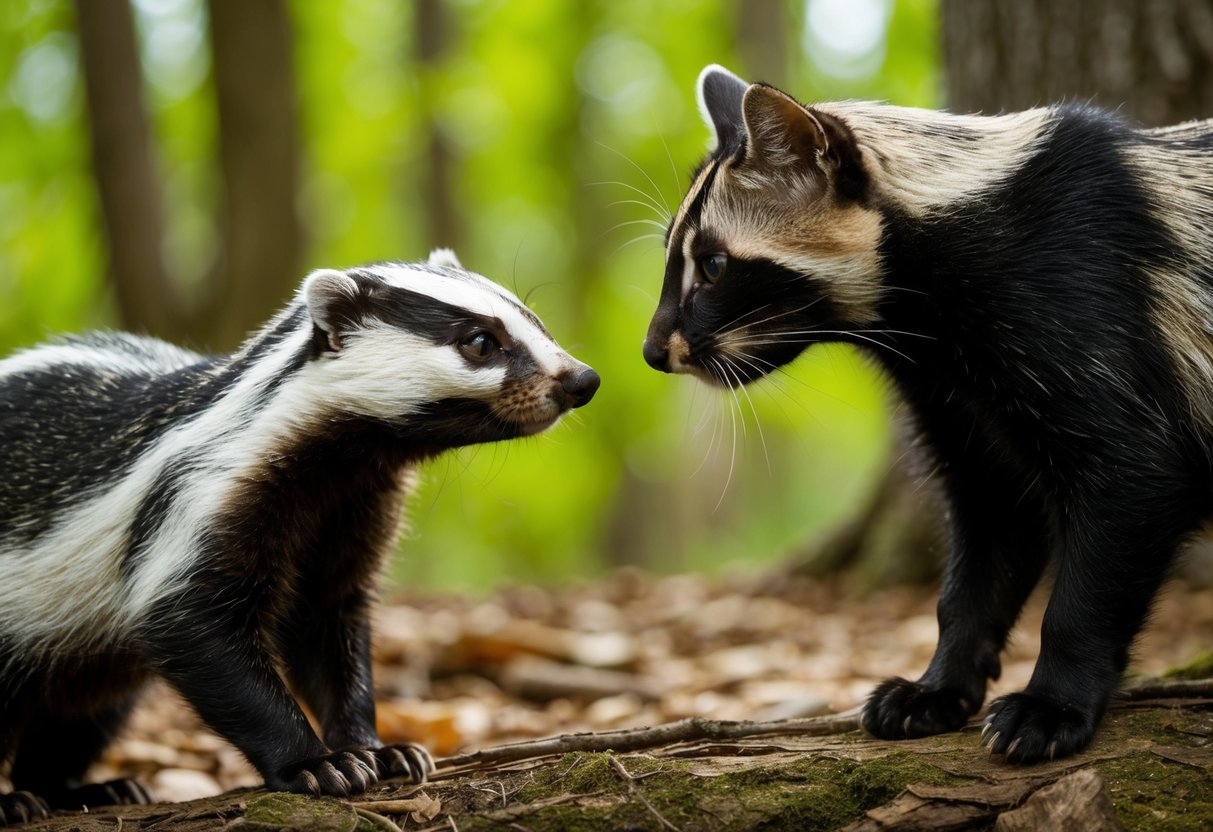 A cat and a badger face each other in a wooded area, with the cat cautiously observing the badger from a safe distance